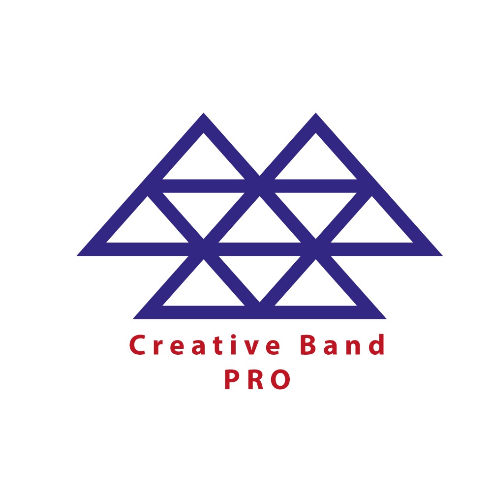 Abstrakcyjne logo firmy Creative Band PRO składające się z dwóch połączonych ze sobą struktur trójkątnych utworzonych z niebieskich linii.