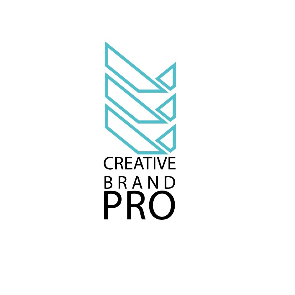 Minimalistyczny logotyp firmy Creative Brand Pro z geometrycznym symbolem w kolorze turkusowym, składającym się z trzech poziomych linii tworzących strzałkę w górę.