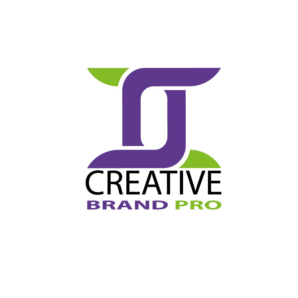 Abstrakcyjne logo firmy Creative Brand Pro z fioletowym, geometrycznym symbolem przypominającym literę 'D' z zielonymi akcentami na górze i na dole.