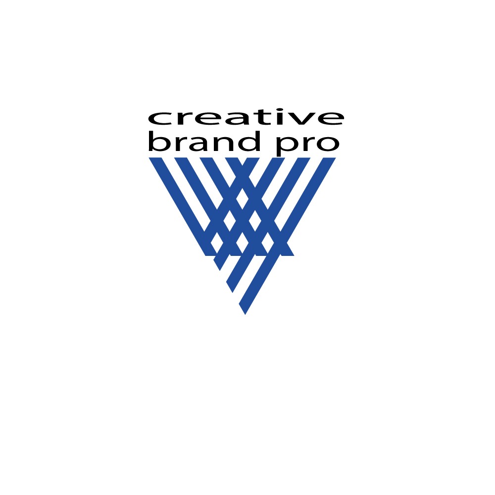 Abstrakcyjne logo 'creative brand pro' z motywem splecionych, niebieskich linii w kształcie odwróconego trójkąta, umieszczone na białym tle.