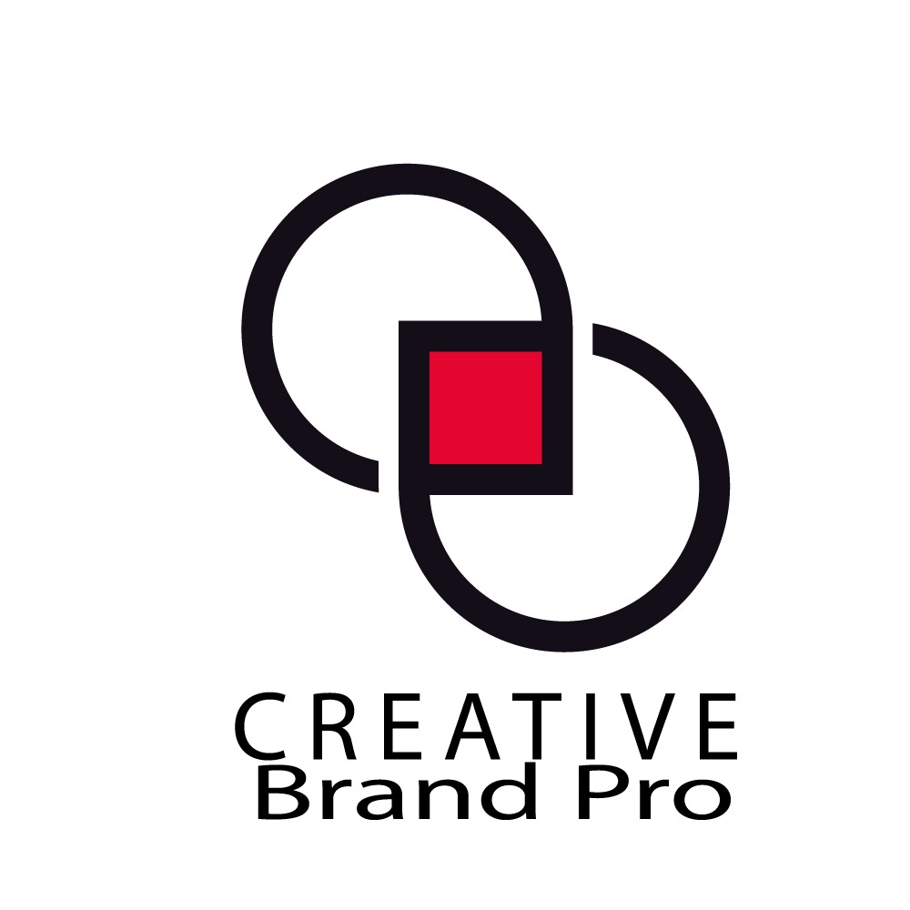 Minimalistyczne logo firmy Creative Brand Pro, przedstawiające dwa połączone czarne okręgi z czerwonym kwadratem w punkcie połączenia, umieszczone nad nazwą firmy.