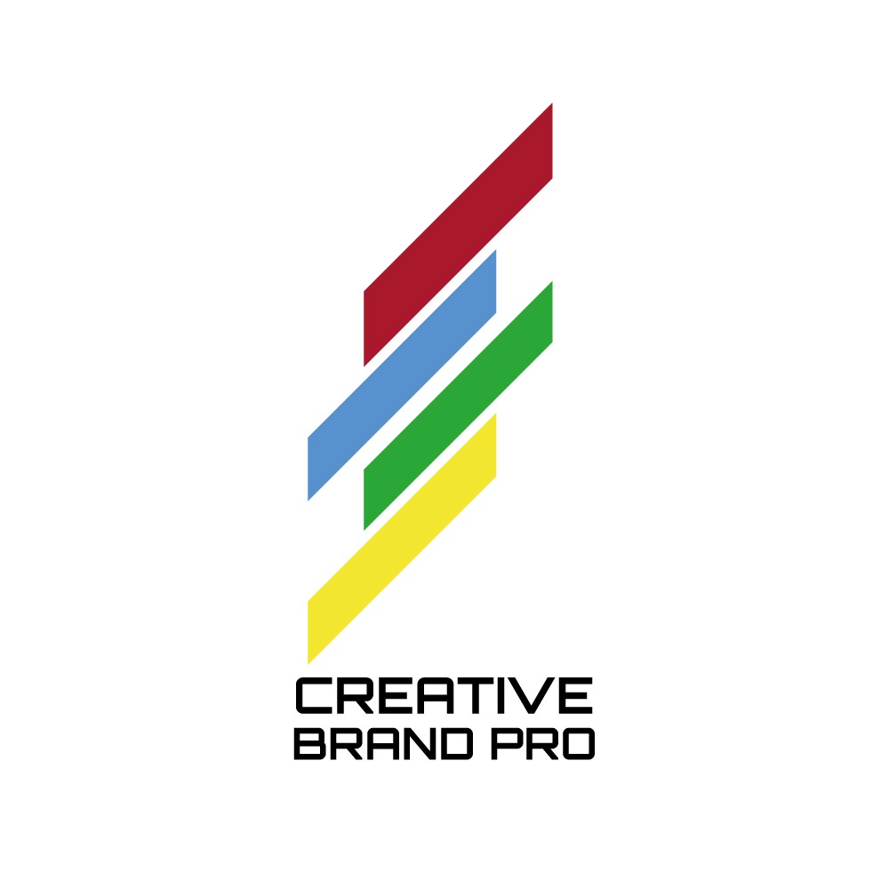 Abstrakcyjne logo firmy 'Creative Brand Pro' z czterema ukośnymi paskami w kolorach: czerwonym, niebieskim, zielonym i żółtym, ułożonymi jeden pod drugim.
