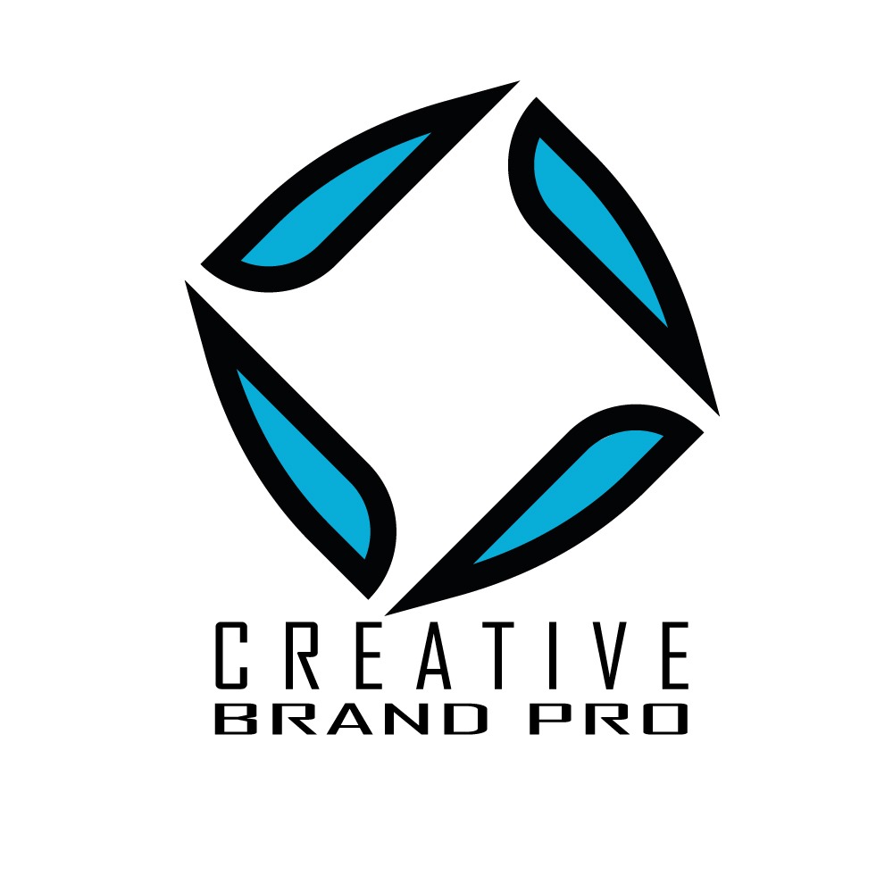 Abstrakcyjne logo firmy Creative Brand Pro z symetrycznym motywem czterech turkusowych elementów w czarnych obrysach, tworzących kwadratową przestrzeń w centrum.