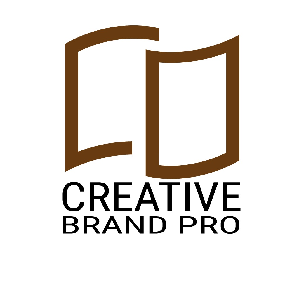 Logo firmy Creative Brand Pro z Białegostoku, przedstawiające abstrakcyjny symbol w kolorze brązowym, przypominający otwartą książkę, umieszczony nad tekstem z nazwą firmy.