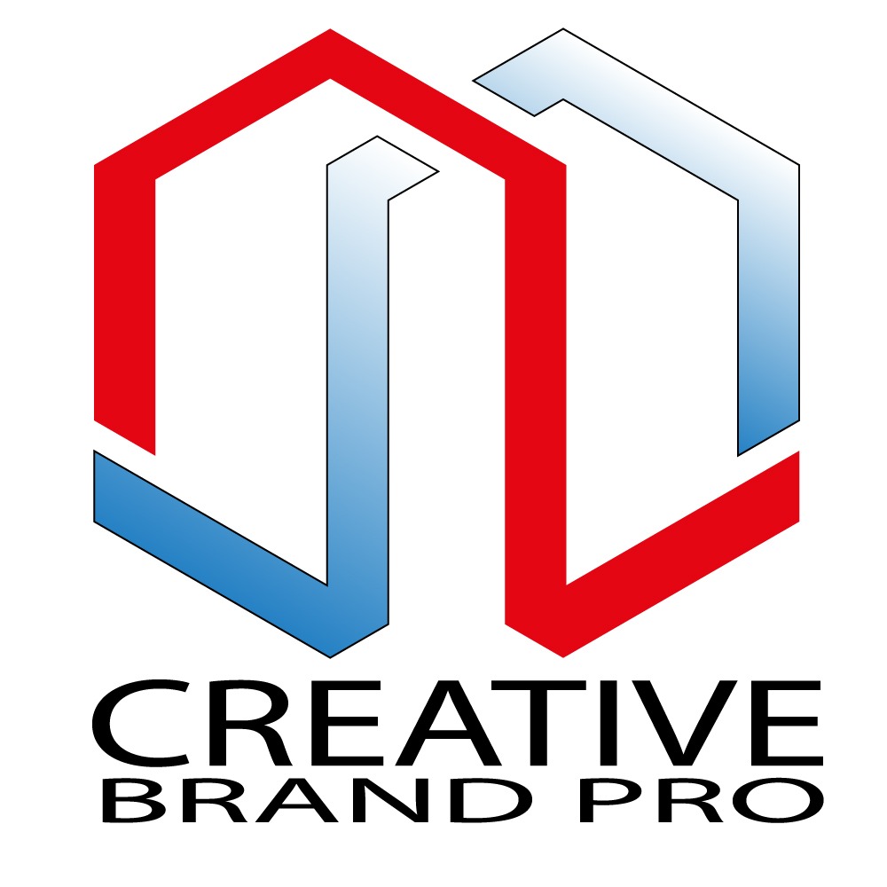 Graficzne przedstawienie logo firmy Creative Brand Pro z użyciem dwóch stylizowanych, przenikających się sześcioboków w kolorach czerwonym i niebieskim, umieszczonych nad nazwą firmy.