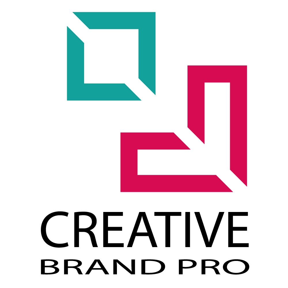 Graficzne logo firmy Creative Brand Pro, z dwoma połączonymi elementami w kształcie kwadratów z wyciętymi rogami, jeden turkusowy, drugi różowy, na białym tle.