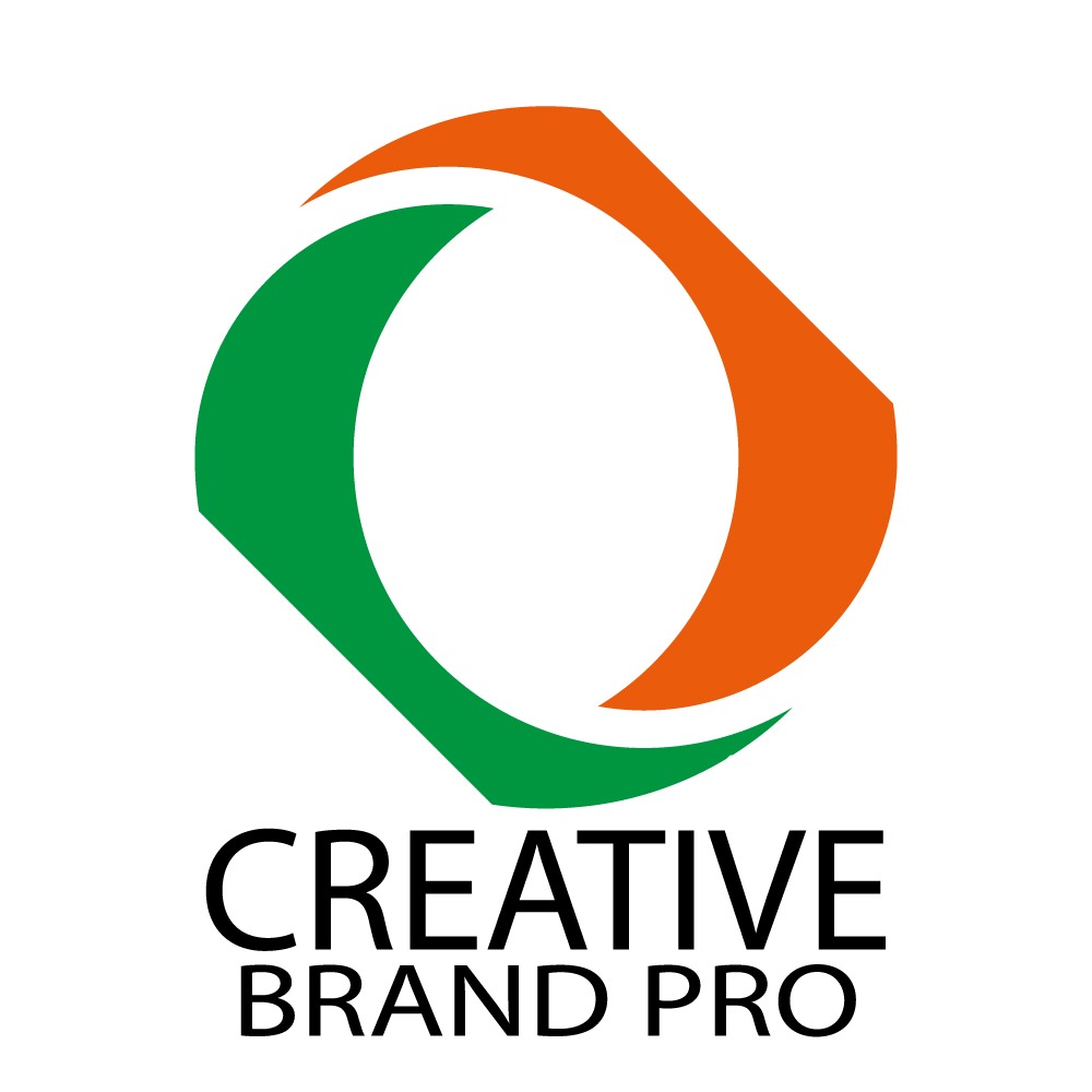 Graficzne logo firmy Creative Brand Pro z abstrakcyjnym symbolem w kolorach zielonym i pomarańczowym na białym tle.