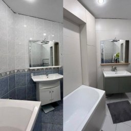 M-Bud Maciej Lorenc - Zdjęcie łazienki przed i po remoncie. Po lewej stronie stara aranżacja z niebieskimi płytkami, po prawej nowa, z białymi płytkami i nowoczesną armaturą.