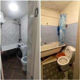 M-Bud Maciej Lorenc - Zdjęcie łazienki przed i po remoncie. Po lewej: nowoczesna aranżacja z wanną, prysznicem i pralką. Po prawej: stara łazienka z niebieskimi płytkami i zużytą armaturą.
