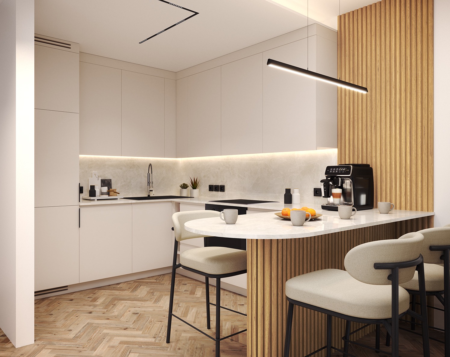 Jasna kuchnia z drewnianymi akcentami: marmurowy blat, krzesła barowe z beżową tapicerką, nowoczesny ekspres do kawy i oświetlenie LED.
