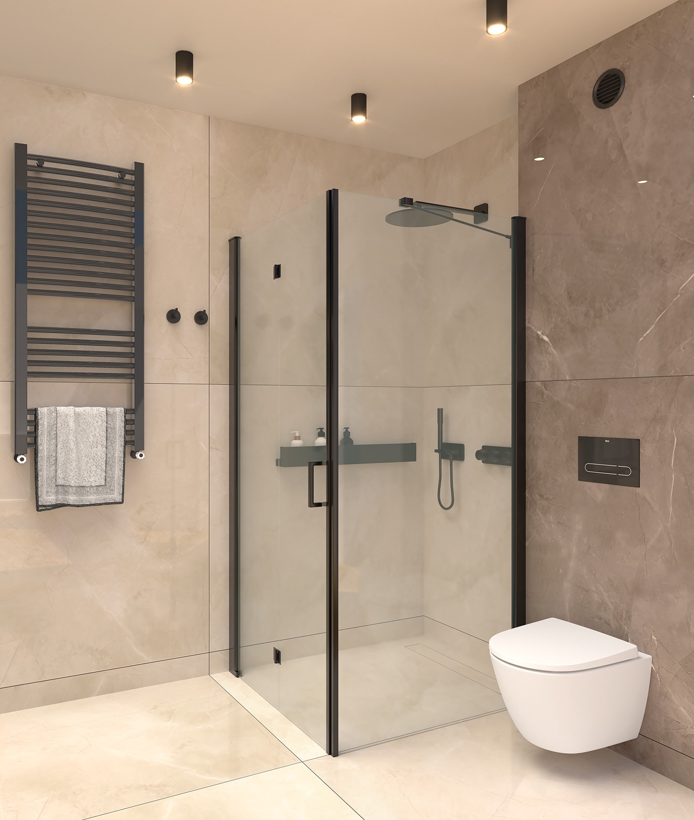 Nowoczesna łazienka z kabiną prysznicową typu walk-in z czarnymi profilami, wiszącą toaletą i grzejnikiem drabinkowym z szarym ręcznikiem, wykończona płytkami imitującymi marmur w odcieniach beżu...
