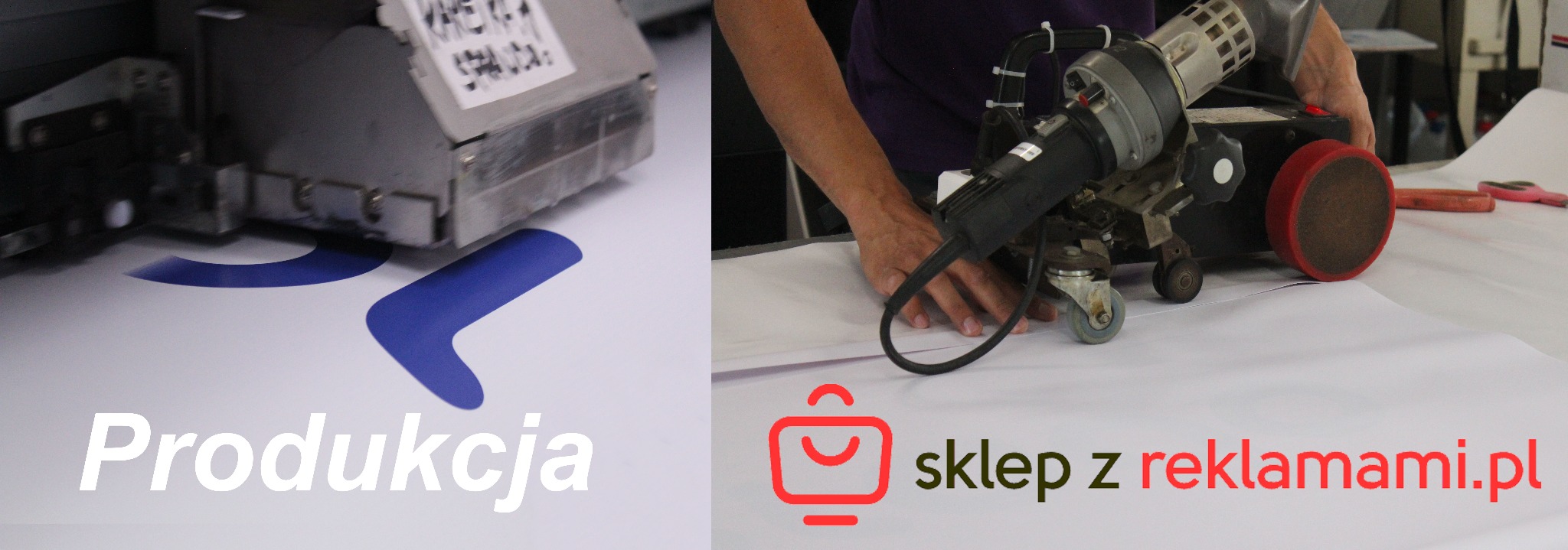 Proces produkcji: maszyna drukarska nanosi niebieski wzór na biały materiał, obok narzędzie do zgrzewania banerów z osobą obsługującą.