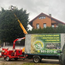 DAM DREW DAMIAN BARANOWSKI - Wycinka drzew z podnośnika koszowego przy domu. Na aucie reklama firmy z numerem telefonu. Czerwony rębak do gałęzi. Szare niebo.