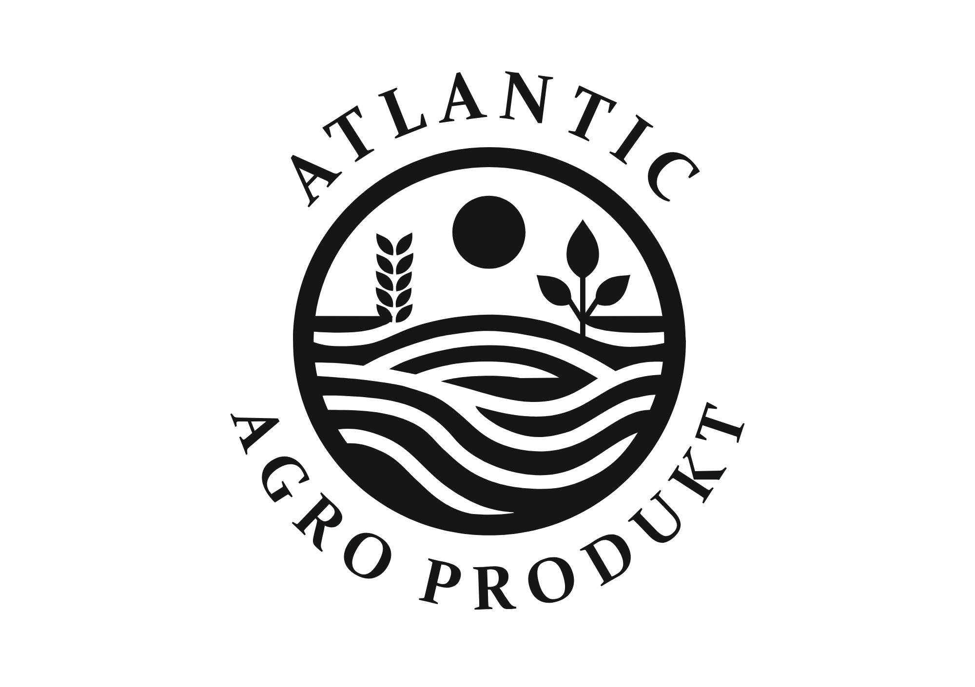 Czarno-białe logo Atlantic Agro Produkt przedstawiające kłos zboża, wschodzące roślinki i falujące linie symbolizujące wodę, wszystko zamknięte w okręgu.