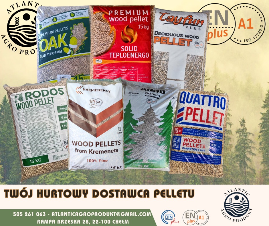 Różne marki pelletu drzewnego w workach 15kg: Oak, Solid Teploenergo, Tayfun Plus, Rodos, Kremenergy, Arbo, Quattro. Oferta hurtowa dostawcy z Chełma.
