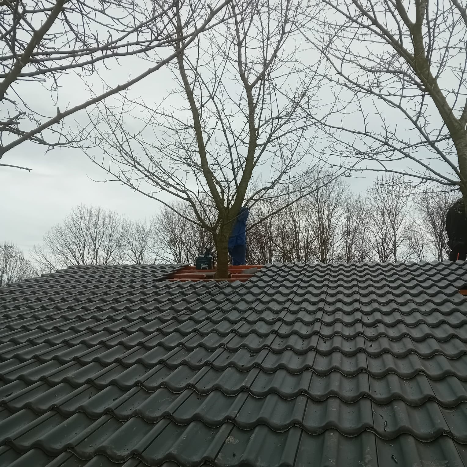 Układanie ciemnej dachówki ceramicznej na dachu domu jednorodzinnego. Widoczne drzewa bez liści i fragment sylwetki dekarza w niebieskiej odzieży roboczej.