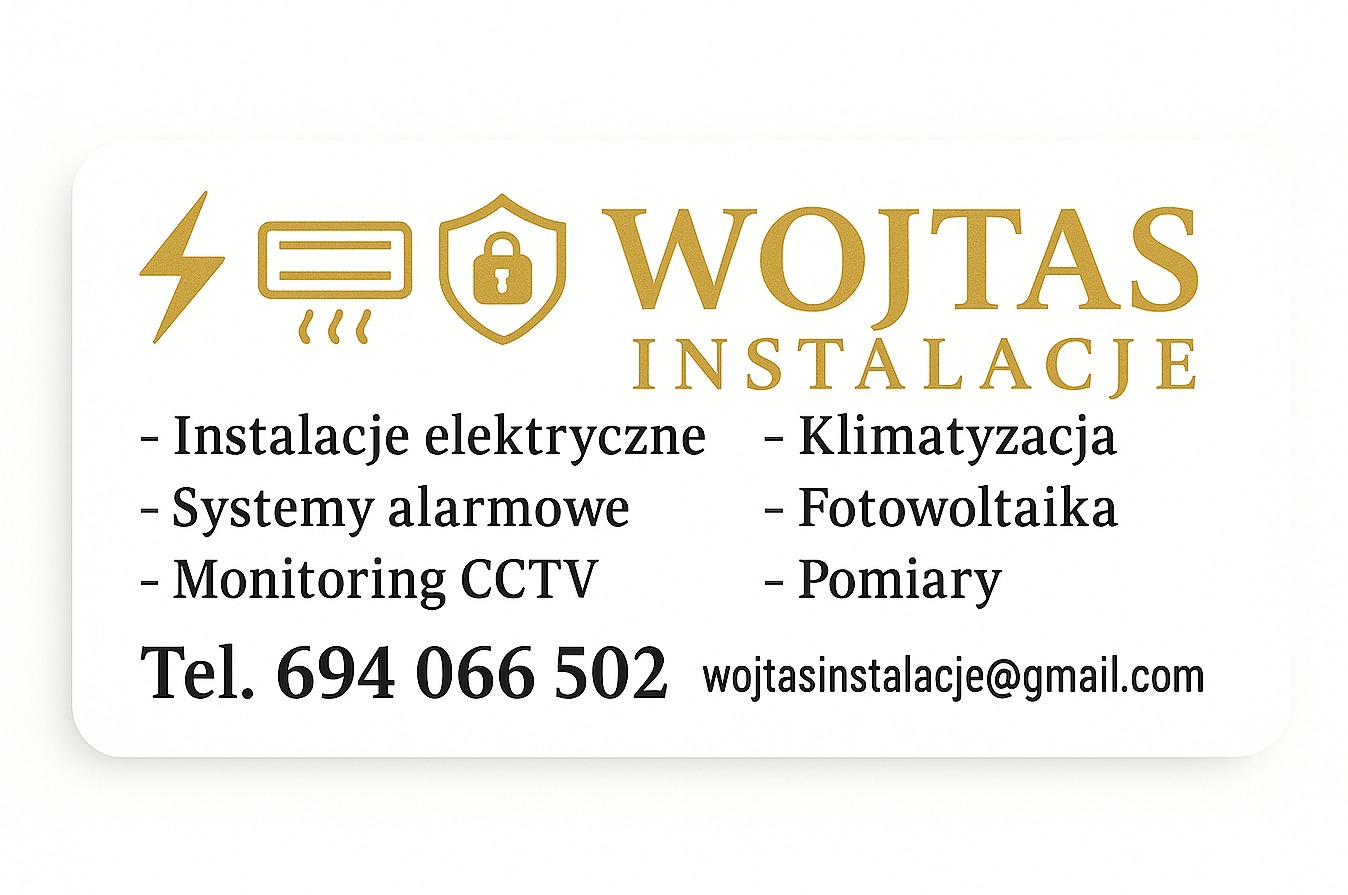 Wizytówka firmy Wojtas Instalacje oferującej instalacje elektryczne, klimatyzację, systemy alarmowe, monitoring CCTV, fotowoltaikę i pomiary. Złote ikony i tekst na białym tle.