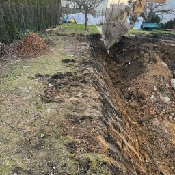 FIRMA PRYWATNA 'KRAZ' TRANSPORT - WYKOPY TOMASZ STYN - Żółta koparka w trakcie wykonywania wykopu w ziemi, widoczna linia wyznaczająca trasę, sterta liści i budynek w tle. Prace ziemne w ogrodzie.