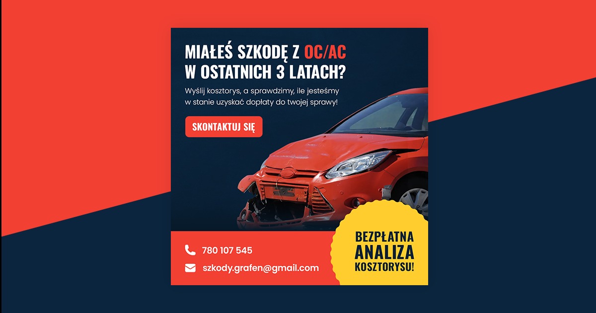 Grafika reklamowa przedstawiająca uszkodzony, czerwony samochód z tekstem 'Miałeś szkodę z OC/AC w ostatnich 3 latach?'