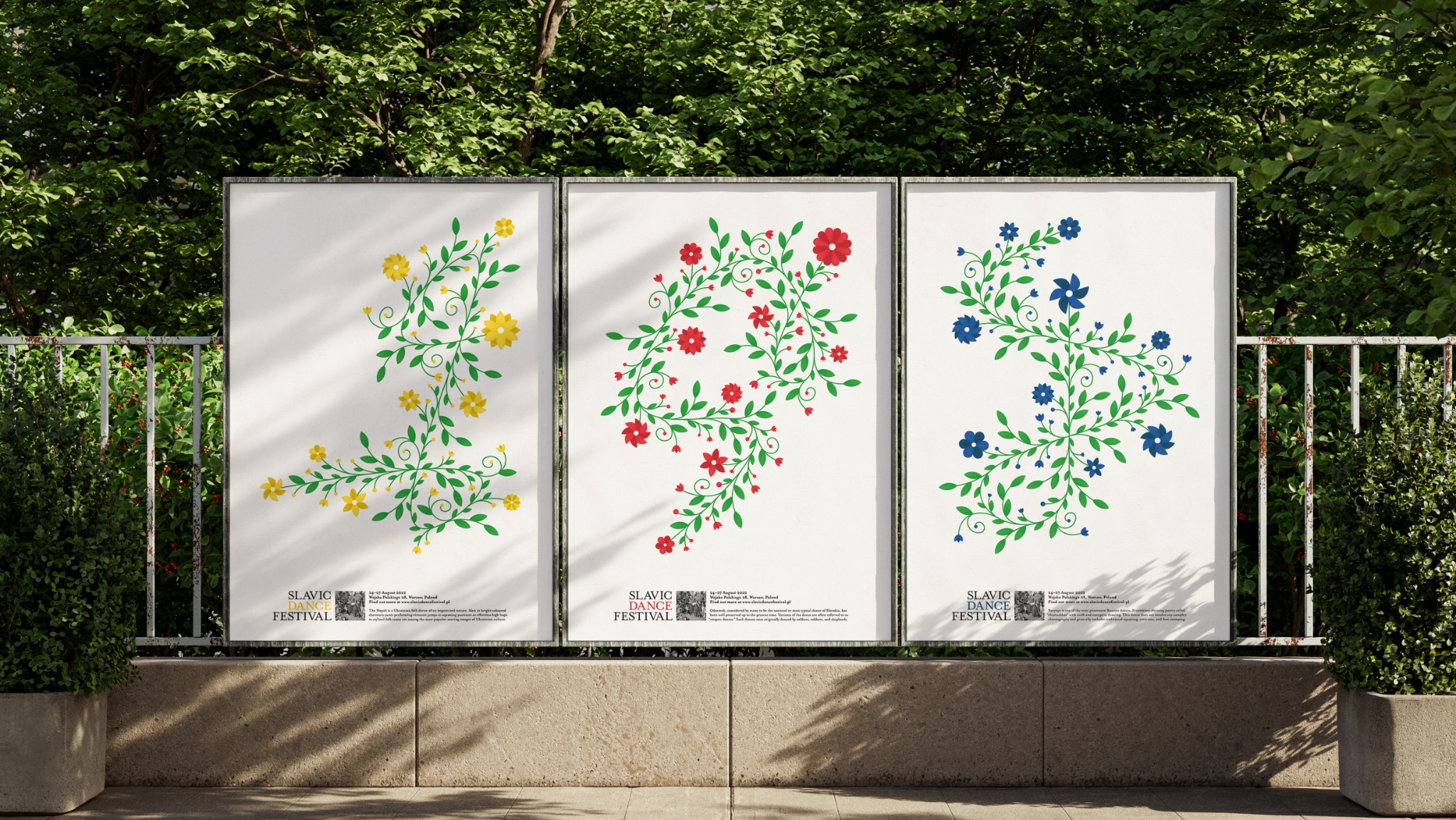 Trzy plakaty z motywami kwiatowymi w kolorach żółtym, czerwonym i niebieskim, promujące festiwal tańca słowiańskiego, umieszczone na tle zieleni.