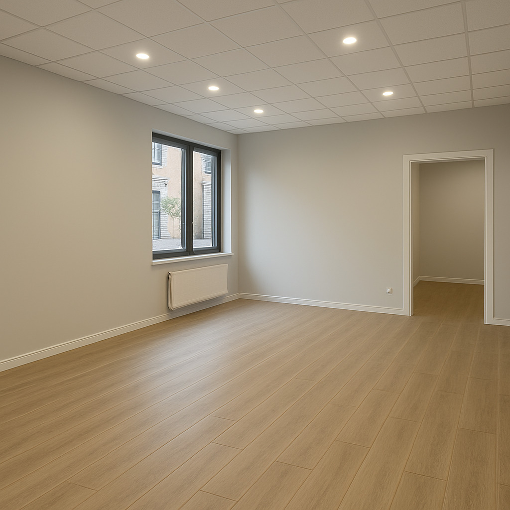 Pusty pokój biurowy po remoncie: panele podłogowe w odcieniach beżu, ściany pomalowane na jasny szary, sufit kasetonowy z oświetleniem punktowym, okno z grzejnikiem pod spodem i otwarte drzwi...