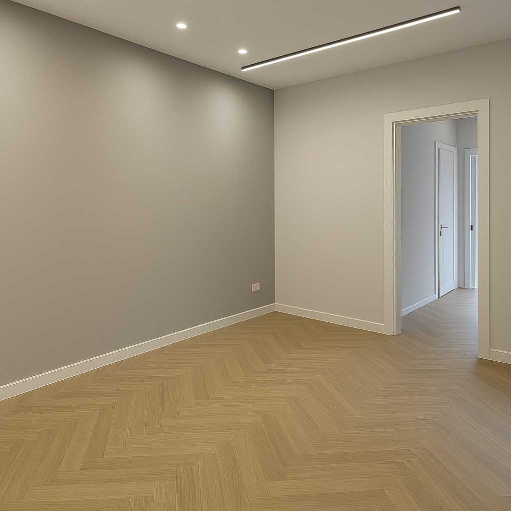 Puste, jasne pomieszczenie z parkietem ułożonym w jodełkę, szarą ścianą, białymi listwami przypodłogowymi i nowoczesnym oświetleniem sufitowym.