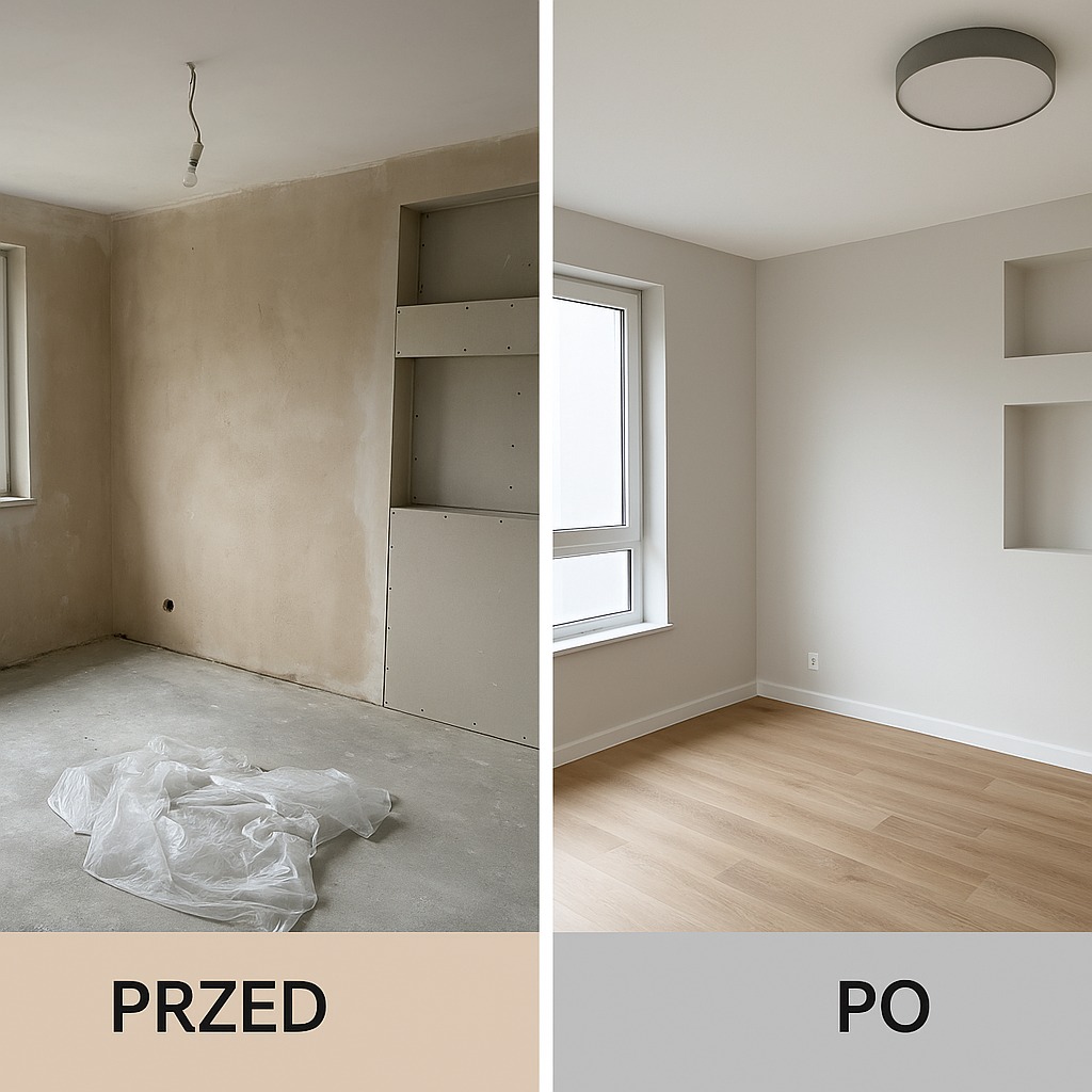 Zdjęcie pokoju podzielone na dwie części: po lewej stan surowy z widoczną instalacją elektryczną i folią na podłodze, po prawej wykończony pokój z panelami, oświetleniem sufitowym i wnękami w ścianie.