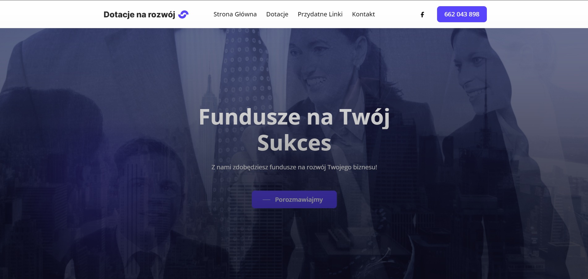 Strona internetowa z hasłem 'Fundusze na Twój Sukces' i wizerunkami profesjonalistów na tle panoramy miasta.