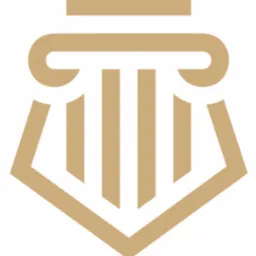 Złoty, minimalistyczny logotyp przedstawiający stylizowaną kolumnę prawniczą na białym tle.