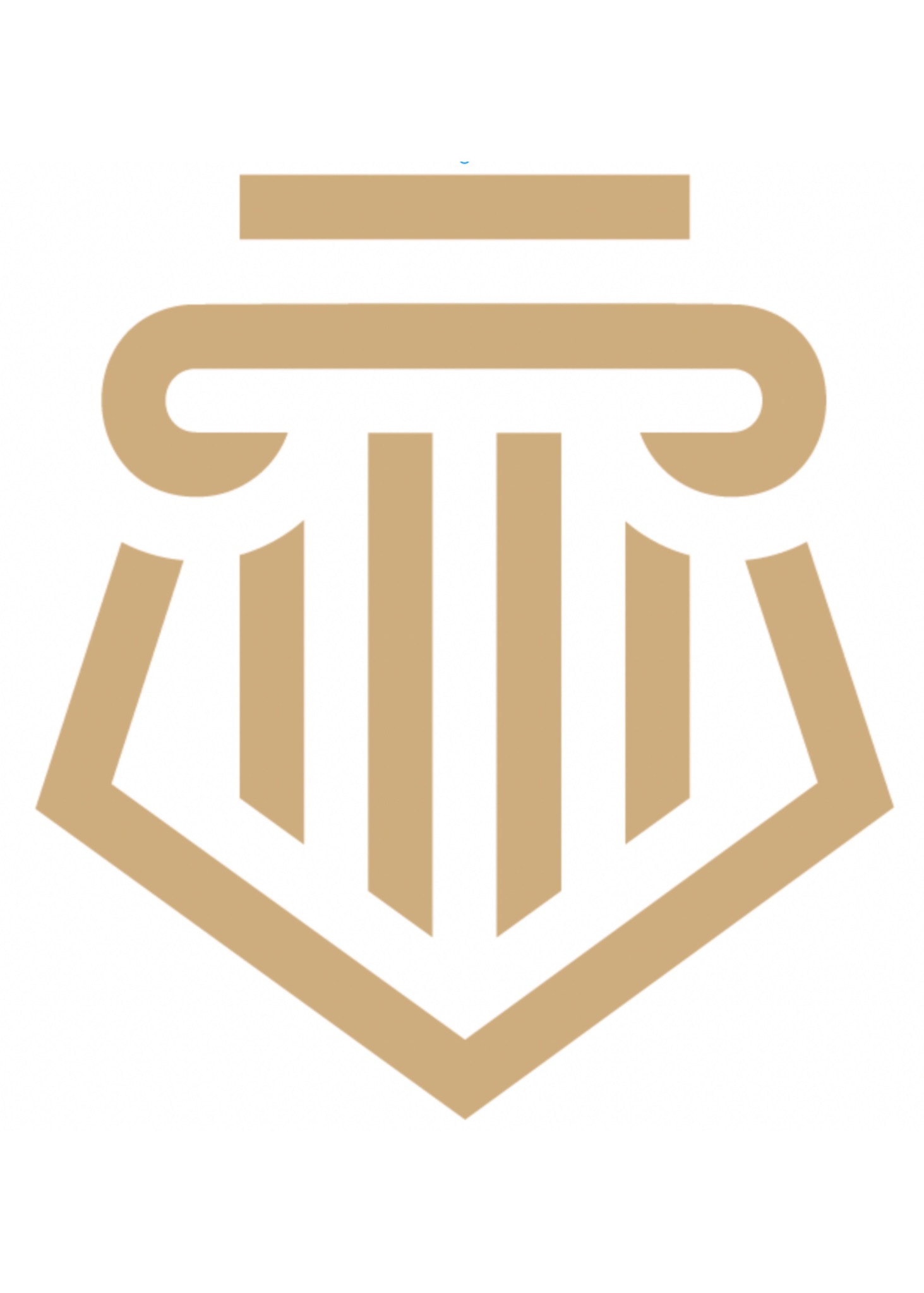 Złoty, minimalistyczny logotyp przedstawiający stylizowaną kolumnę prawniczą na białym tle.
