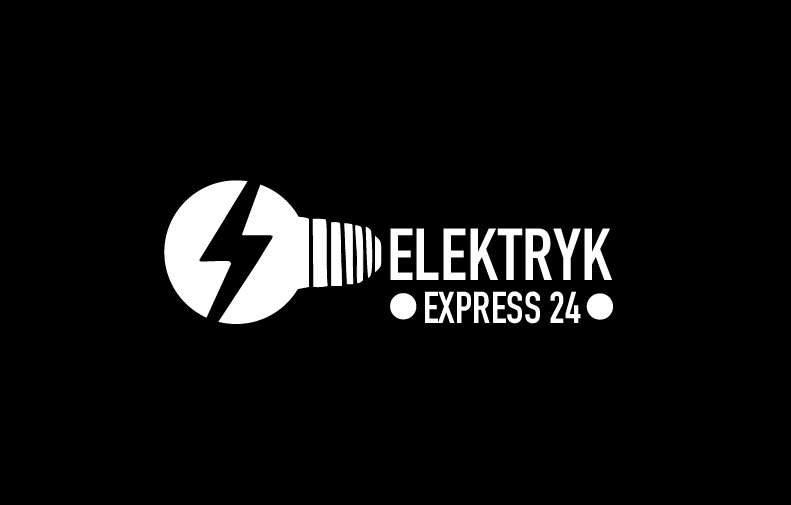 Białe logo firmy elektrycznej na czarnym tle, przedstawiające żarówkę z symbolem błyskawicy i napisem 'ELEKTRYK EXPRESS 24'.
