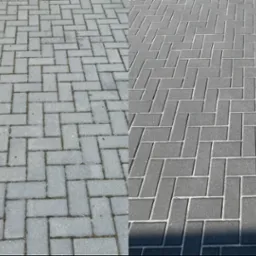 Kostka brukowa: obszar przed i po czyszczeniu. Lewa strona szara, zabrudzona, prawa strona ciemnoszara, czysta. Układ w jodełkę. Widok z góry, ostre światło.