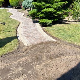 Odnova Masters Szymon Cichowlas - Mokry, kręty chodnik z kostki brukowej w ogrodzie, częściowo umyty, z widoczną różnicą w czystości. W tle zielona trawa i drzewa.