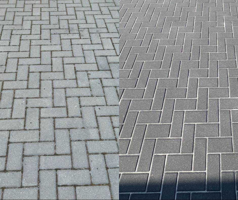 Kostka brukowa: obszar przed i po czyszczeniu. Lewa strona szara, zabrudzona, prawa strona ciemnoszara, czysta. Układ w jodełkę. Widok z góry, ostre światło.