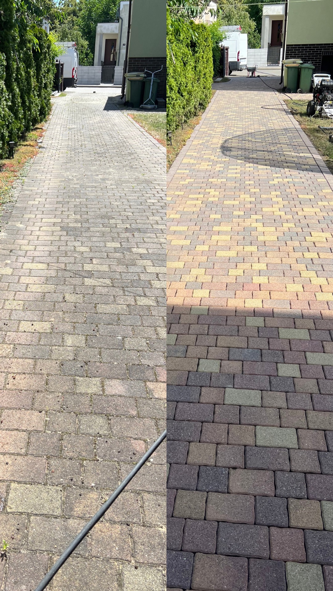 Efekt przed i po czyszczenia kostki gorącą wodą