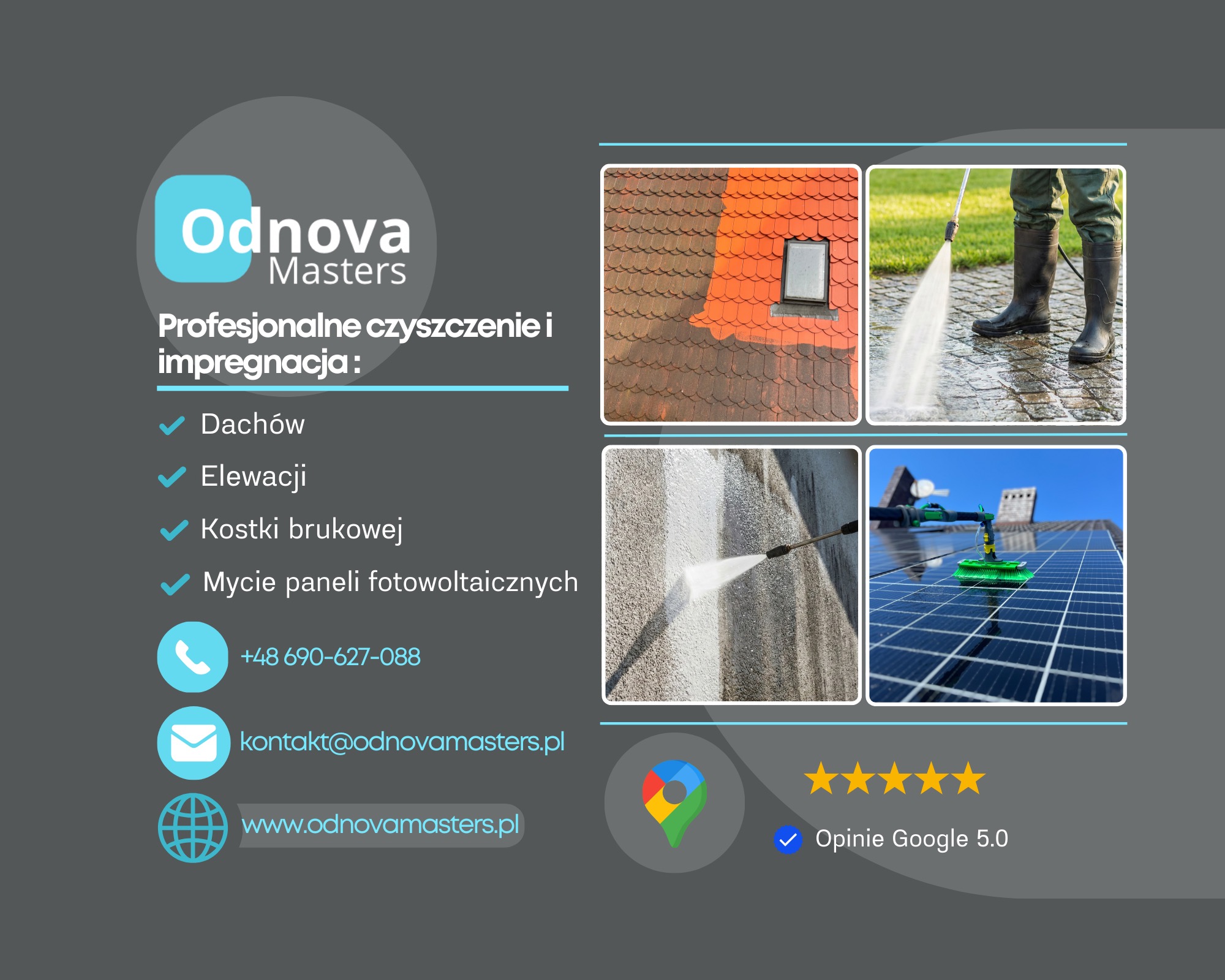 Profesjonalne czyszczenie i impregnacja: dachy, elewacje, kostka brukowa, mycie paneli fotowoltaicznych. Opinie Google 5.0.