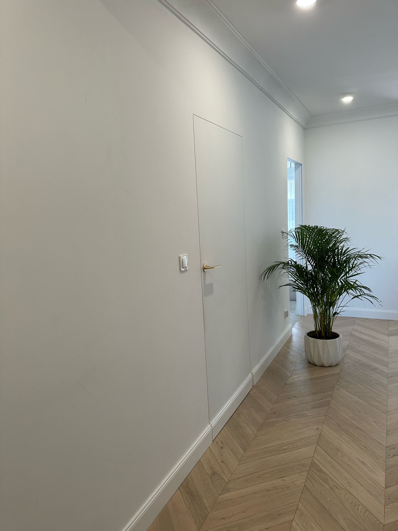 Minimalistyczne wnętrze: białe ściany z ukrytymi drzwiami, parkiet w jodełkę i roślina w białej doniczce. Nowoczesny design, czyste linie, subtelne oświetlenie.