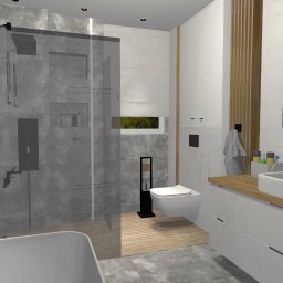 Projektowanie Wnętrz Nikola Kizyma - Nowoczesna łazienka z kabiną prysznicową typu walk-in, drewnianymi akcentami i podwieszaną toaletą. Umywalka nablatowa, szara glazura i minimalistyczne oświetlenie.