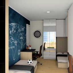 Projektowanie Wnętrz Nikola Kizyma - Wizualizacja pokoju młodzieżowego z mapą świata na ścianie, biurkiem z laptopem, łóżkiem z piłką i dartem. Nowoczesny design, jasne drewno, czarne akcenty. Efektowne oświetlenie.