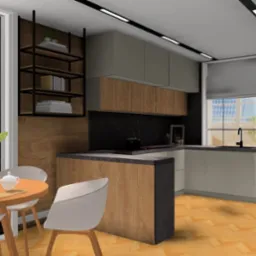 Nowoczesna kuchnia z drewnianymi akcentami: stół z kwiatami, zabudowa kuchenna z czarnym blatem, półki z książkami. Widok na okno i parkiet.