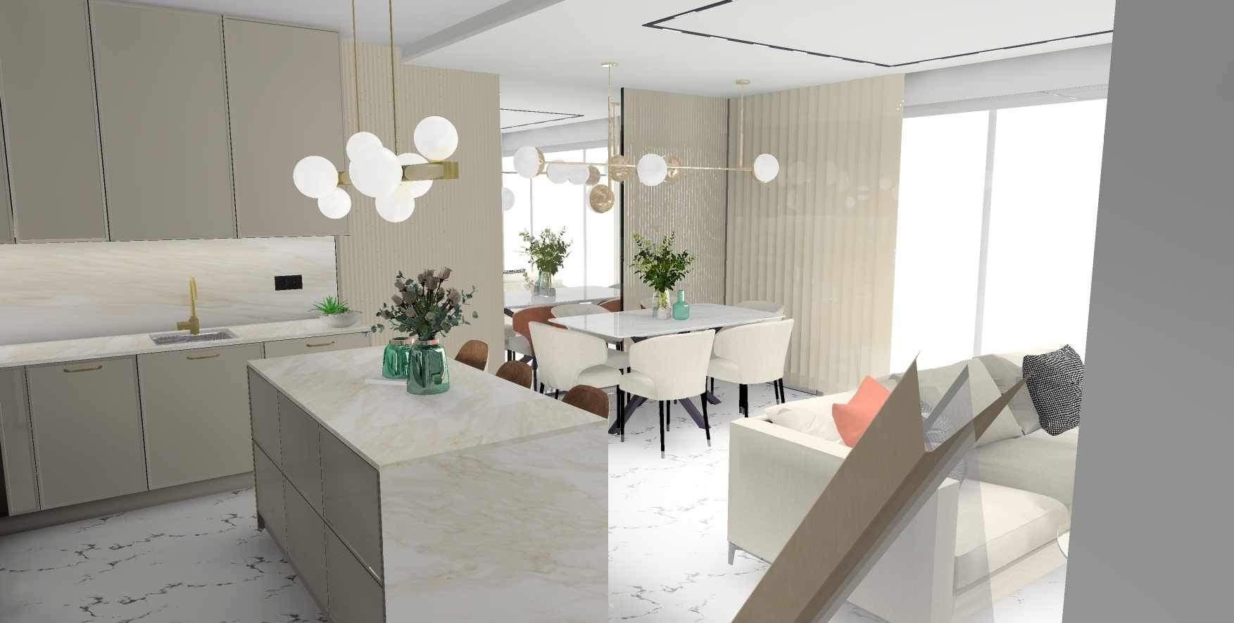 Wizualizacja przestronnego wnętrza: kuchnia z wyspą, jadalnia z białym stołem i krzesłami oraz salon z jasną sofą, całość w jasnych, stonowanych barwach z marmurową podłogą i nowoczesnym oświetleniem.