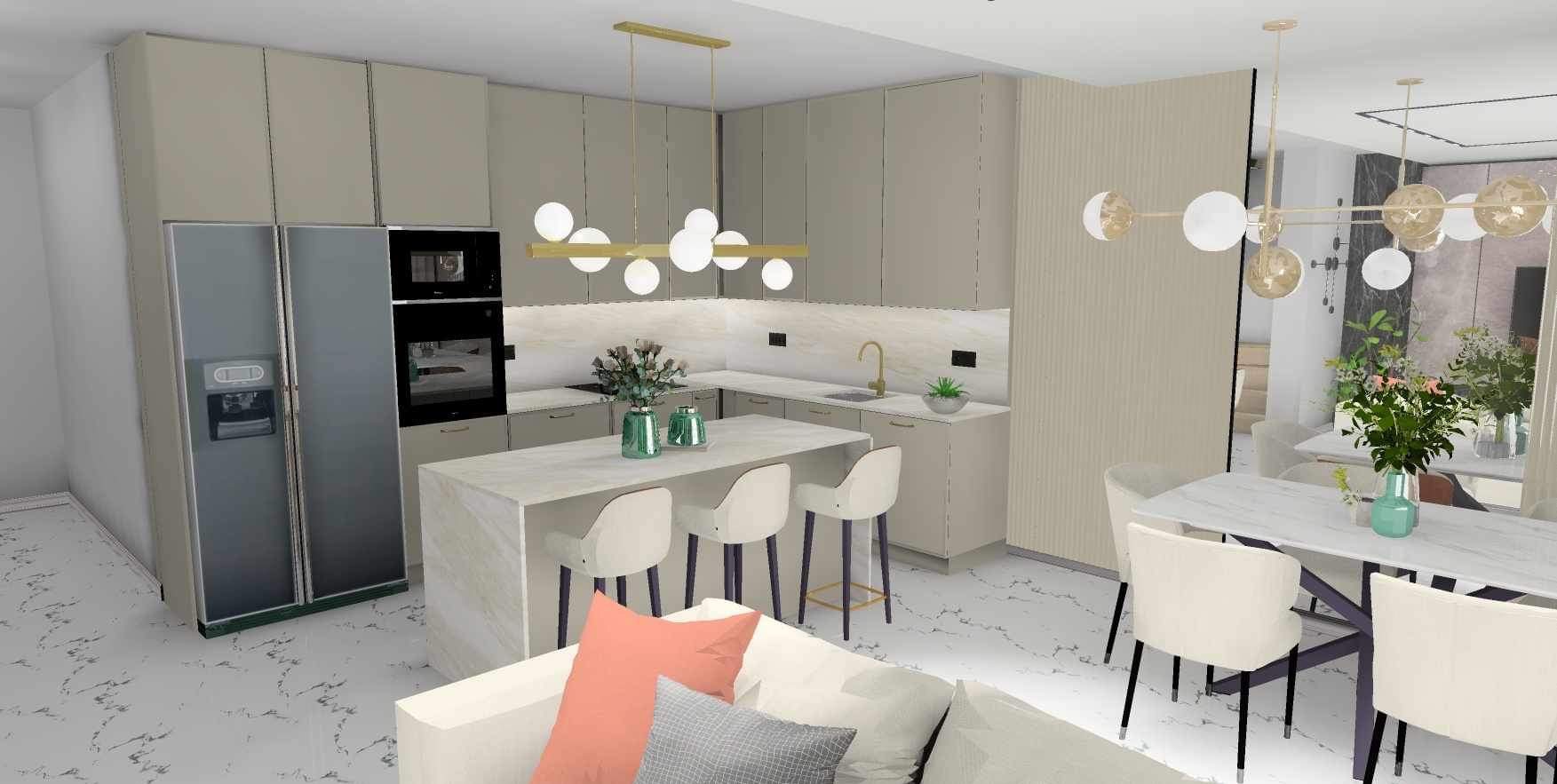 Wizualizacja nowoczesnej kuchni z wyspą, beżowymi szafkami, marmurową podłogą i złotymi akcentami oświetleniowymi, połączonej z jadalnią i salonem z sofą z poduszkami w odcieniach szarości i koralu.