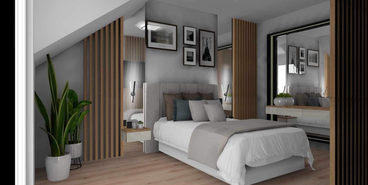 Sypialnia na poddaszu z łóżkiem kontynentalnym, drewnianymi lamelami na ścianach, galerią czarno-białych fotografii i roślinami doniczkowymi w białych osłonkach.