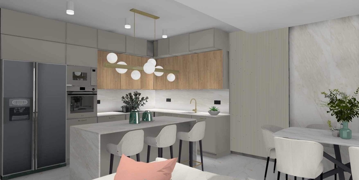 Wizualizacja nowoczesnej kuchni z wyspą, szare szafki, drewniane fronty, marmurowy blat, oświetlenie punktowe i okrągła lampa wisząca.