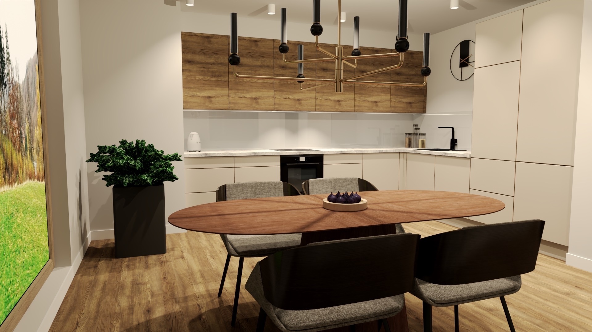 Jasna kuchnia z drewnianymi akcentami, owalny stół z figami, designerska lampa wisząca i obraz z motywem leśnym po lewej stronie.