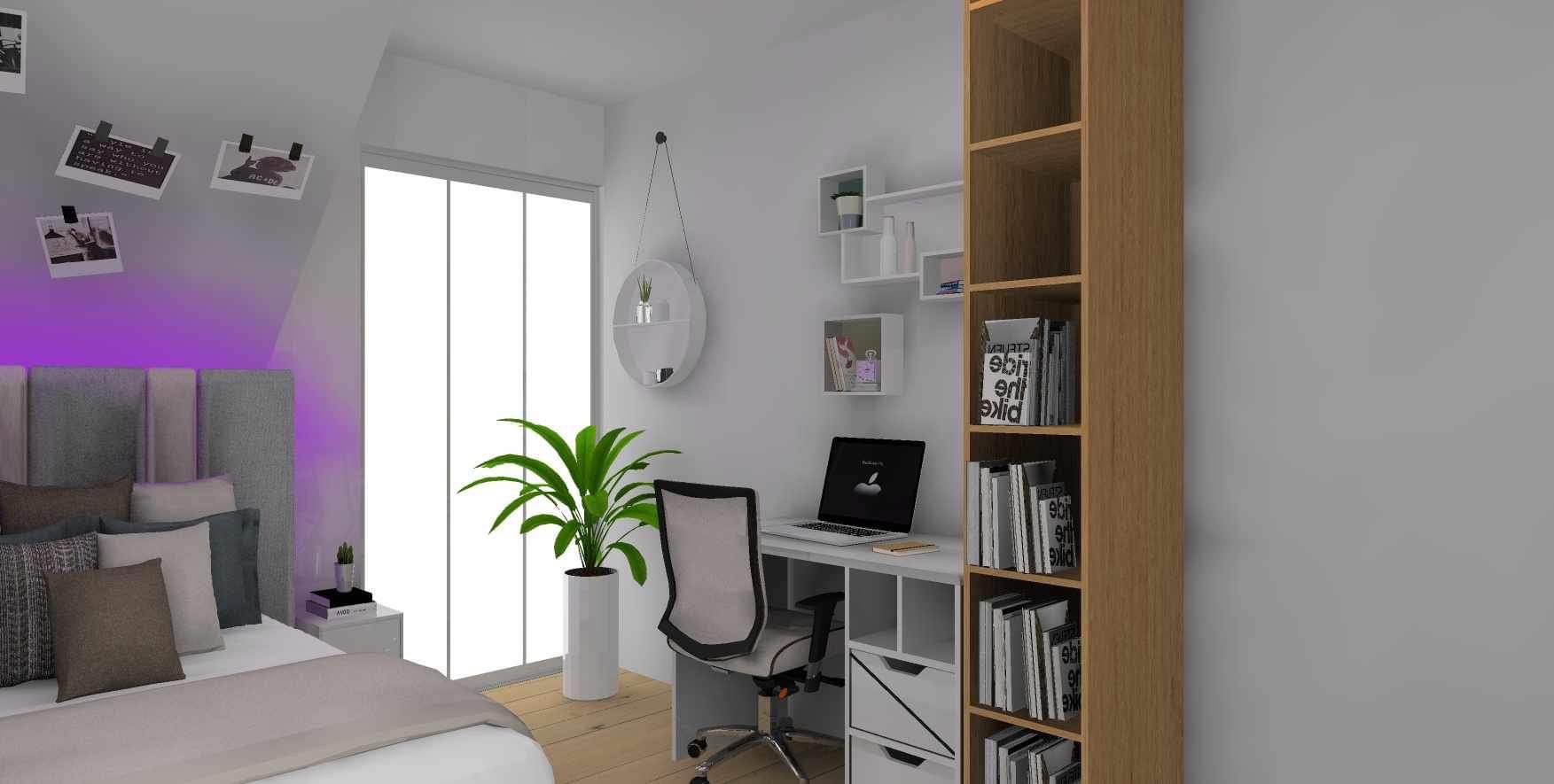 Wizualizacja pokoju z biurkiem, laptopem, regałem z książkami, łóżkiem z podświetleniem LED i dekoracjami ściennymi.