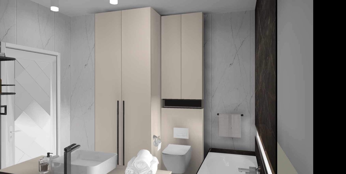 Wizualizacja łazienki z beżowymi szafkami, umywalką nablatową, toaletą podwieszaną i marmurowymi płytkami ściennymi.