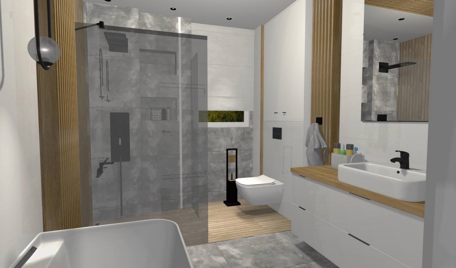 Nowoczesna łazienka z kabiną prysznicową typu walk-in, drewnianymi akcentami i podwieszaną toaletą. Umywalka nablatowa, szara glazura i minimalistyczne oświetlenie.