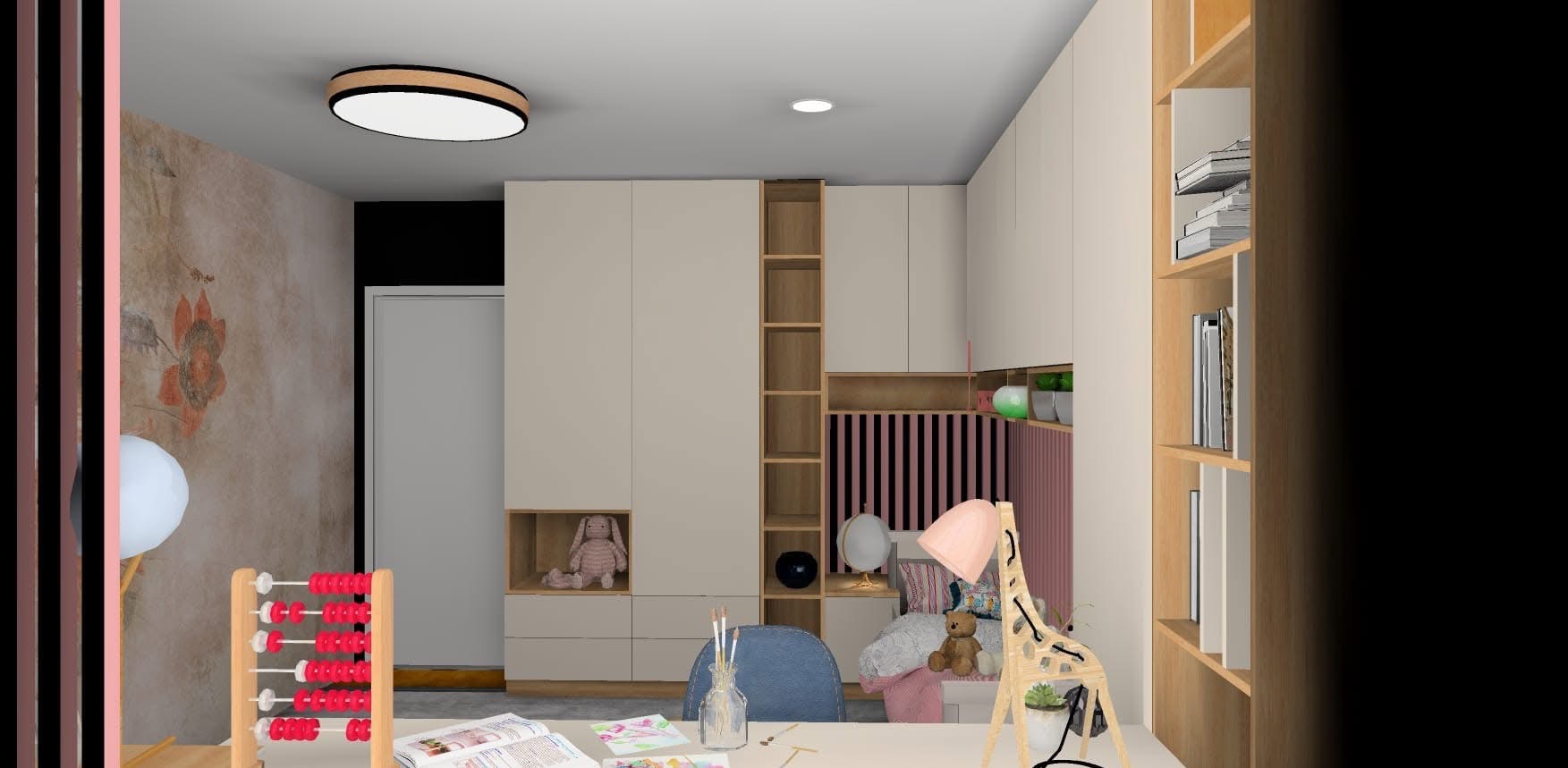 Kreatywna aranżacja pokoju dziecięcego z biurkiem, regałami i dekoracyjnymi elementami, w tym lampką w kształcie żyrafy i abakusem. Ustawienie mebli w jasnej kolorystyce.