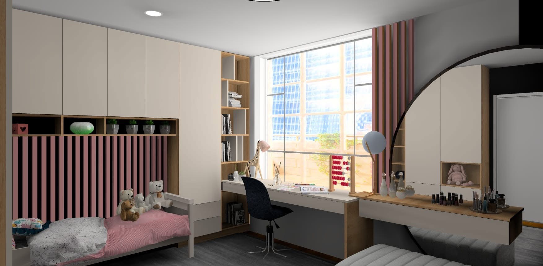 Pokój dziecięcy z łóżkiem, biurkiem i szafą w zabudowie. Pastelowe kolory, zabawki, widok na miasto za oknem. Nowoczesny design, funkcjonalne meble, przytulna atmosfera.